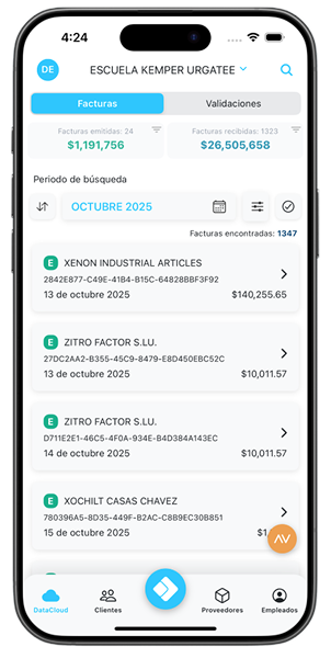 Vista móvil del Data Hub con facturas sincronizadas desde la app de Kuantik GO
