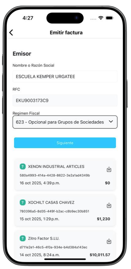 Pantalla móvil para emitir CFDI desde la app de Kuantik GO